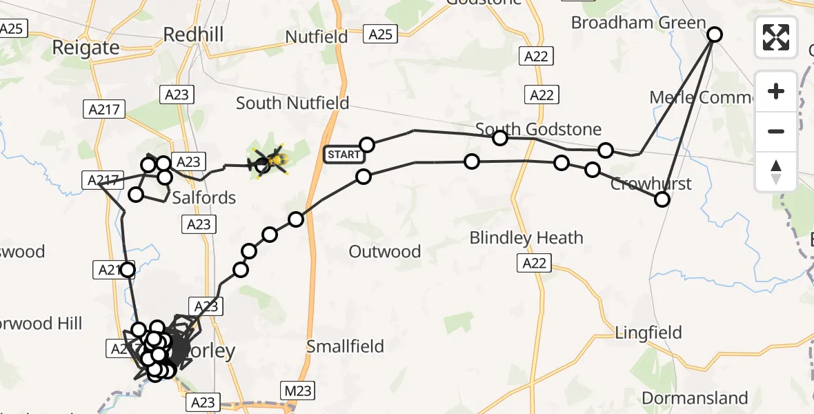 Flight route map: Police Helicopter to Redhill Aerodrome, Redhill Aerodrome