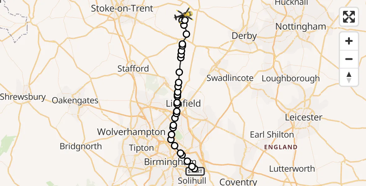 Flight route map: Police Helicopter to Ellastone, Church Lane