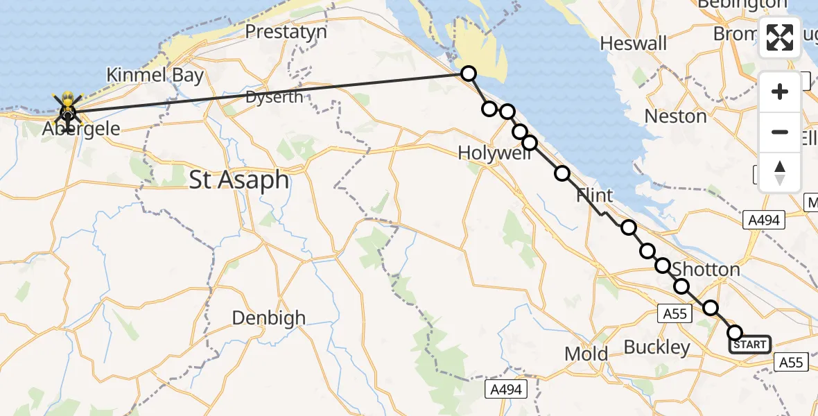 Routekaart van de vlucht: Police Helicopter to Abergele, Gwibffordd Gogledd Cymru / North Wales Expressway