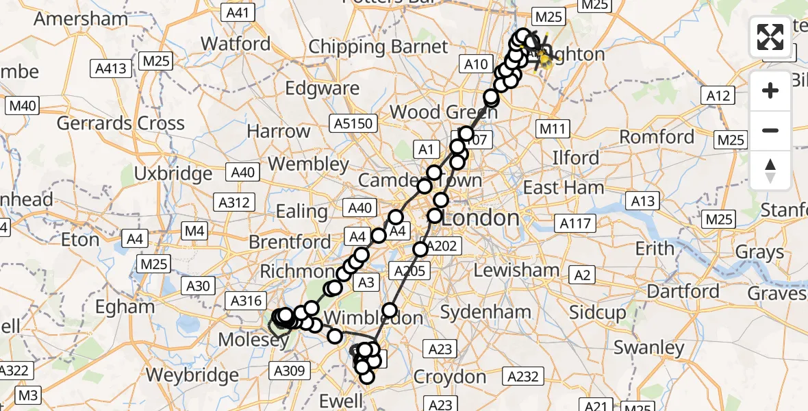 Flight route map: Police Helicopter to Sewardstonebury, Hornbeam Lane