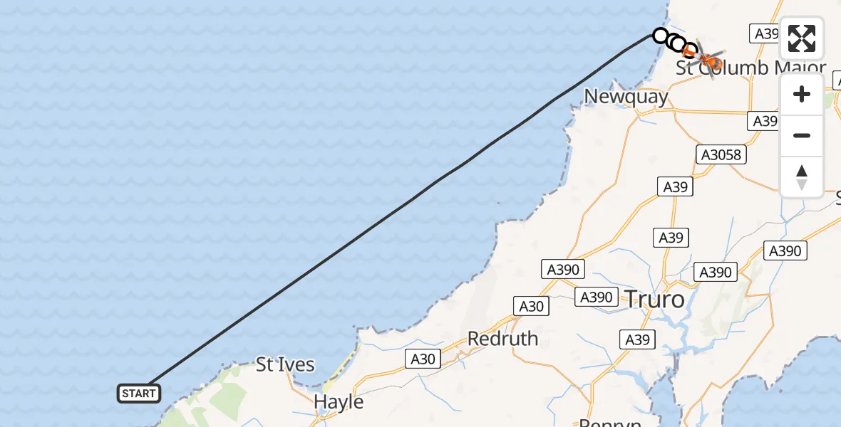 Flight route map: Coastguard Helicopter to Cornwall Airport Newquay, Cornwall Airport Newquay