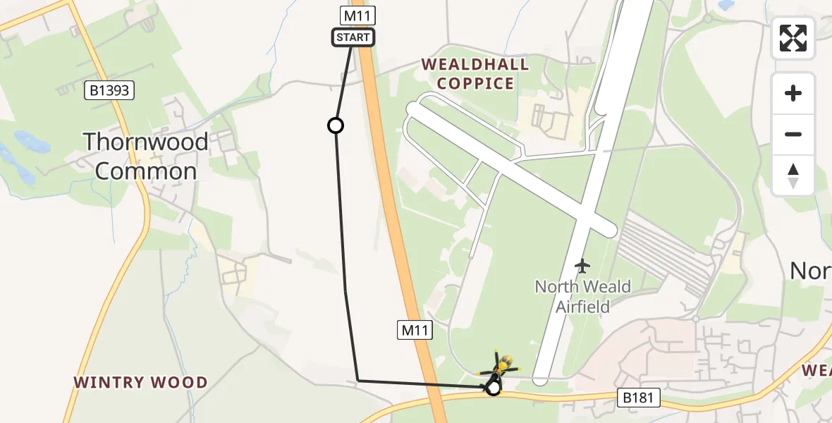 Flight route map: Police Helicopter to North Weald Airfield, North Weald Airfield