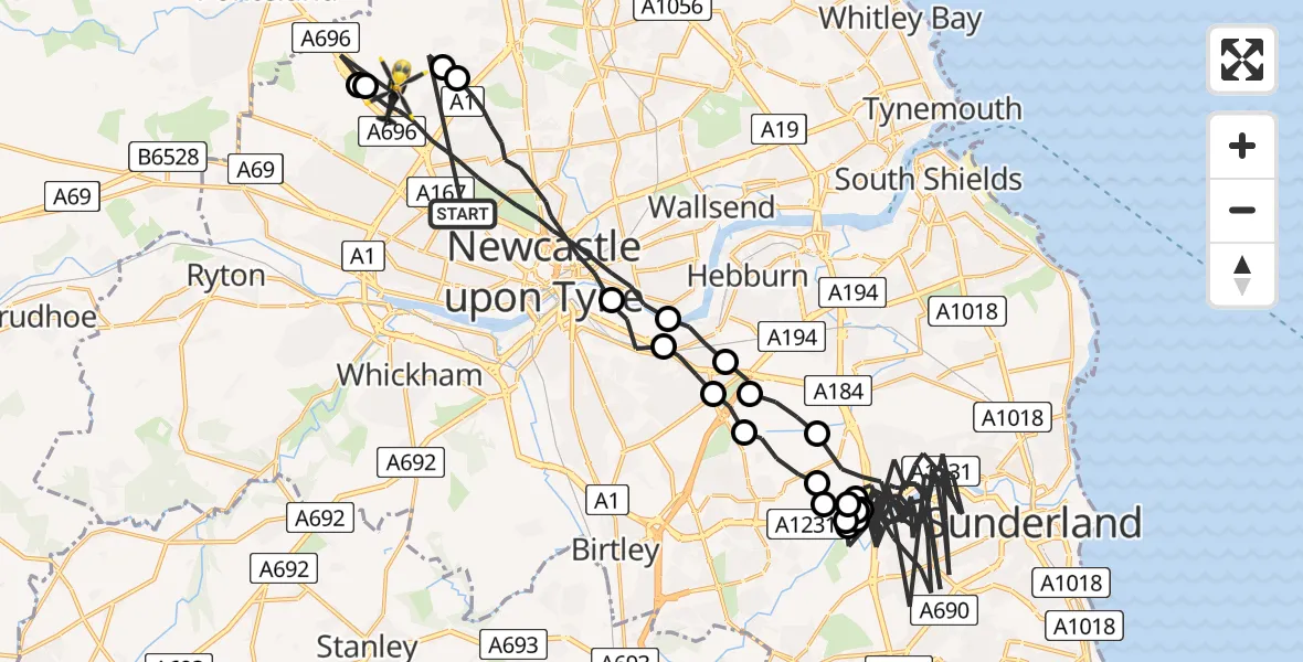 Flight route map: Police Helicopter to Newcastle upon Tyne, Eagle Close