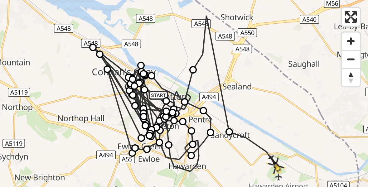 Routekaart van de vlucht: Police Helicopter to Hawarden Airport, Hawarden Airport