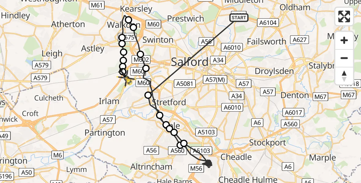 Flight route map: Police Helicopter to Worsley, Twelve Yards Road
