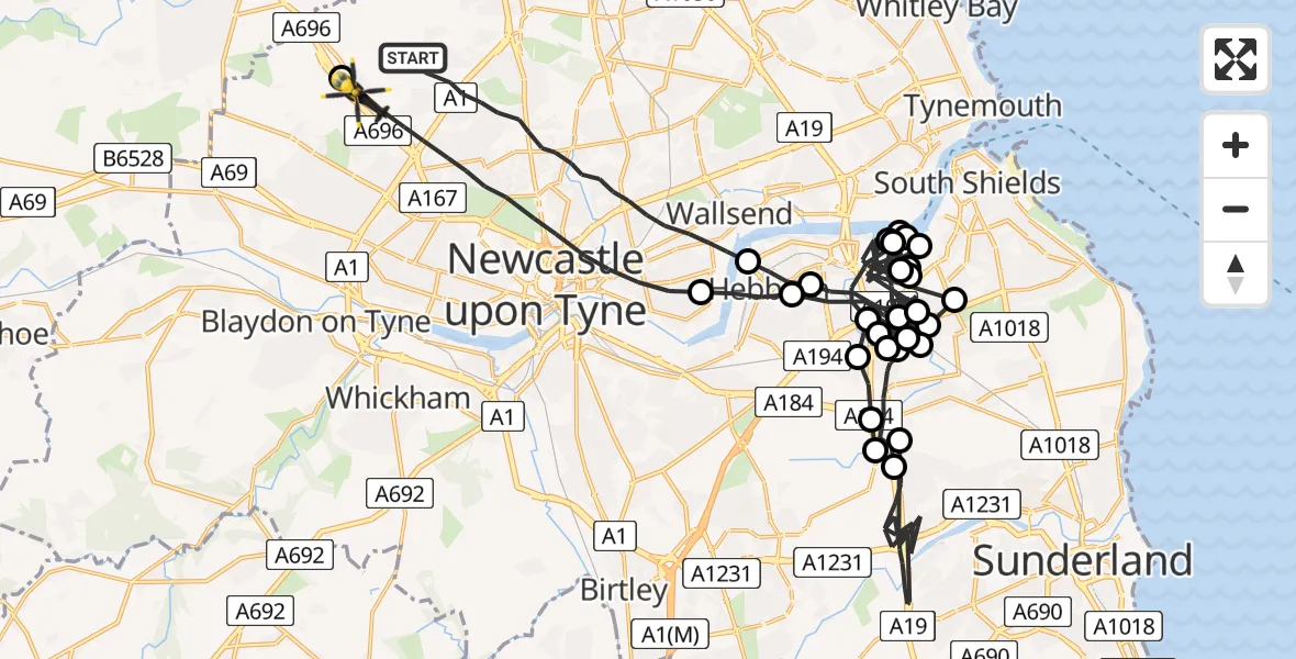 Flight route map: Police Helicopter to Newcastle upon Tyne, Woolsington Park South