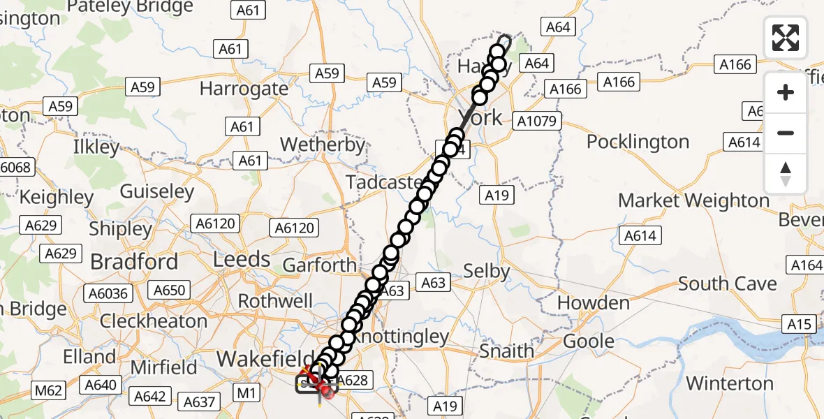 Flight path map showing Air Ambulance Helicopter route from YAA Nostell Helicopter Port to YAA Nostell Helicopter Port