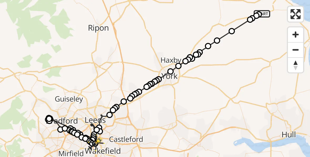 Routekaart van de vlucht: Police Helicopter to Wakefield, A650