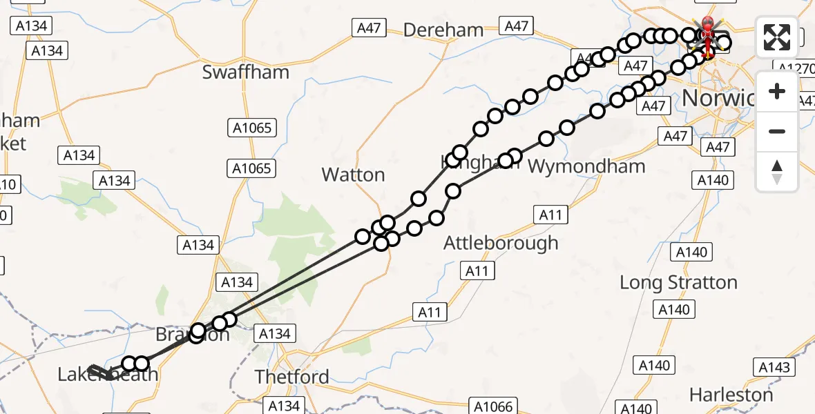 Flight path map showing Air Ambulance Helicopter route from Norwich Airport to Norwich Airport