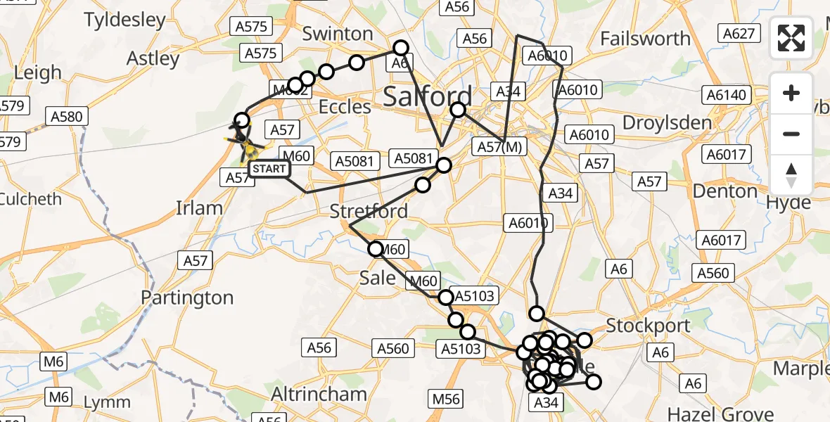 Flight route map: Police Helicopter to Worsley, Twelve Yards Road