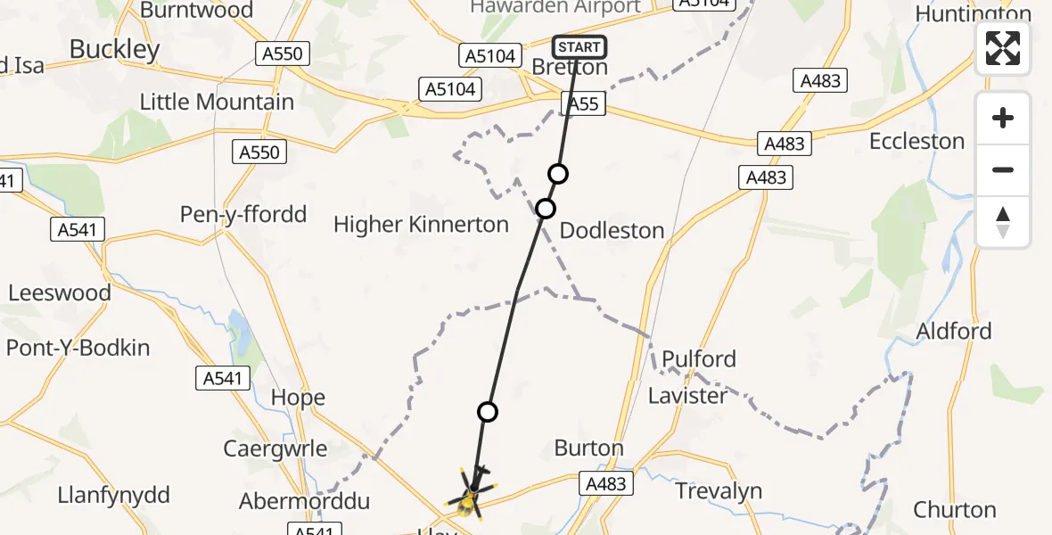 Routekaart van de vlucht: Police Helicopter to Llay, Chapel Lane