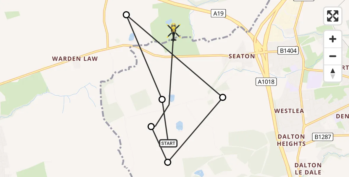 Routekaart van de vlucht: Police Helicopter to Seaham, A19