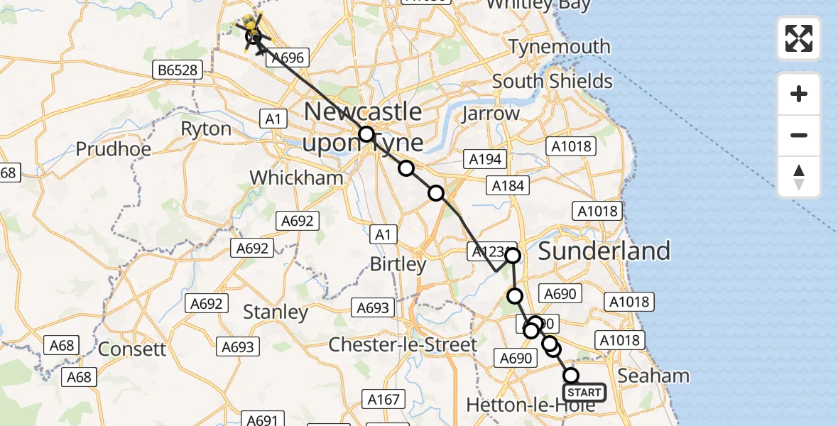 Flight route map: Police Helicopter to Callerton, Callerton