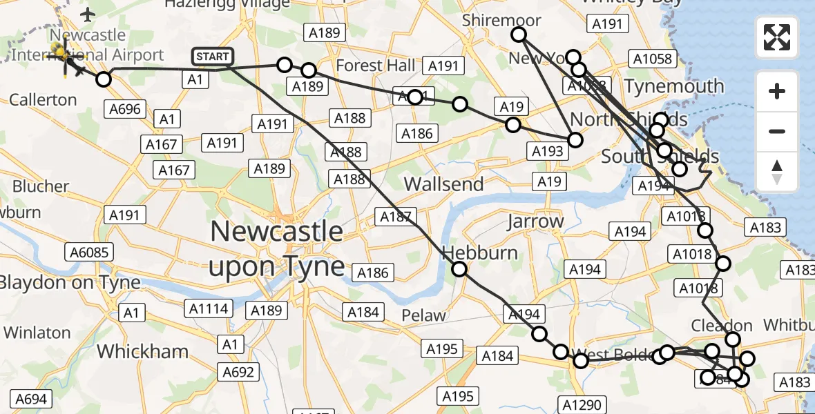 Flight route map: Police Helicopter to Callerton, Callerton