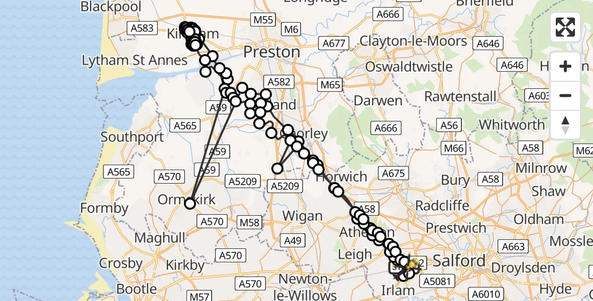 Flight path map showing Police Helicopter route from Irlam to Irlam