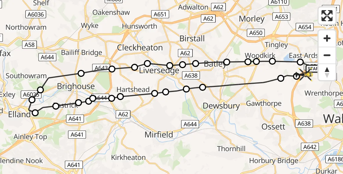 Flight path map showing Police Helicopter route from Wakefield to East Ardsley