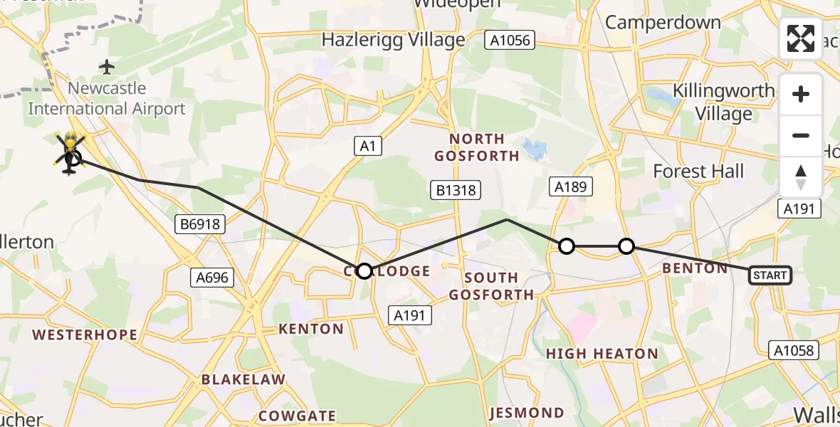 Routekaart van de vlucht: Police Helicopter to Callerton, Callerton