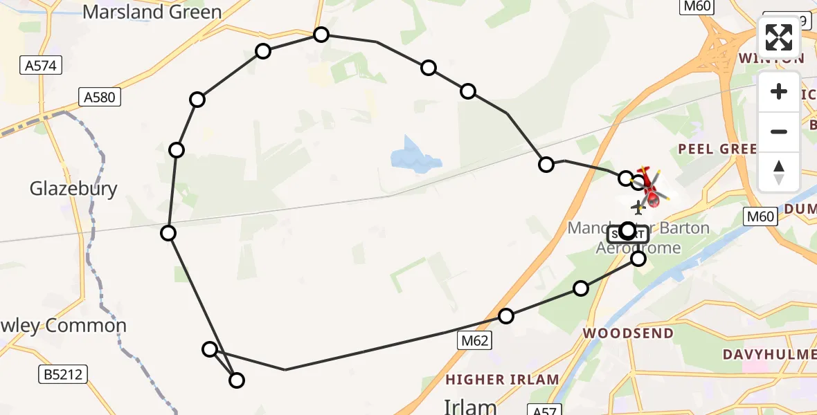 Flight path map showing Air Ambulance Helicopter route from Manchester Barton Aerodrome to Manchester Barton Aerodrome