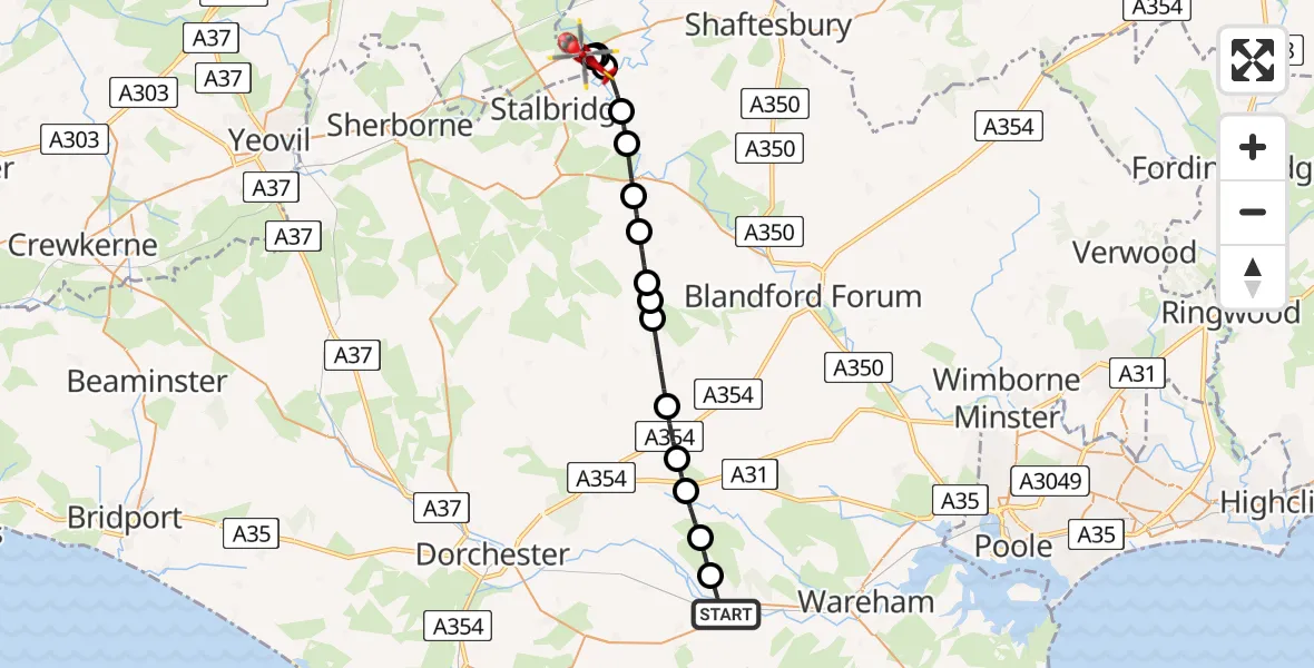 Flight route map: Air Ambulance Helicopter to Henstridge, Henstridge Airfield