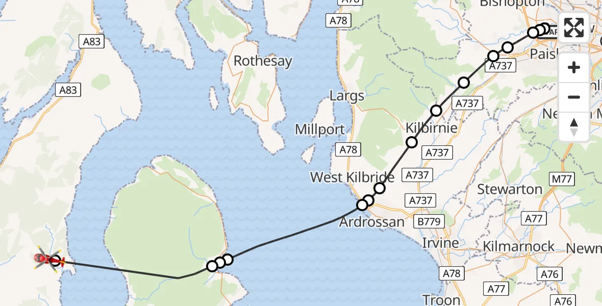 Flight route map: Air Ambulance Helicopter to Bridgend, Glasgow Airport