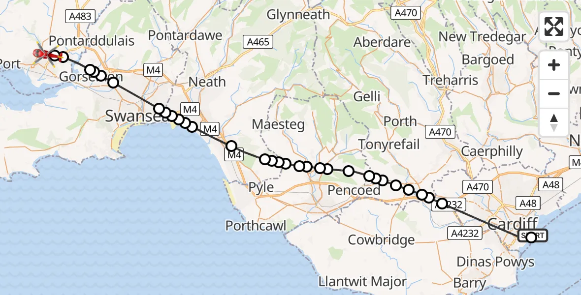 Flight route map: Air Ambulance Helicopter to Dafen, Heol Cropin