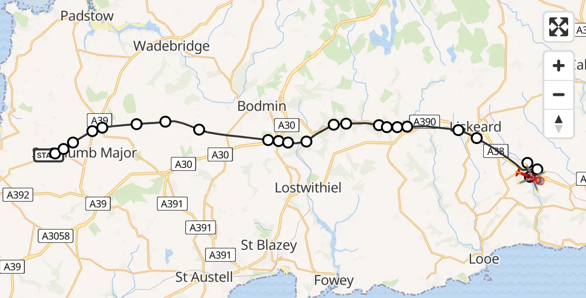 Routekaart van de vlucht: Air Ambulance Helicopter to St. Germans, A38
