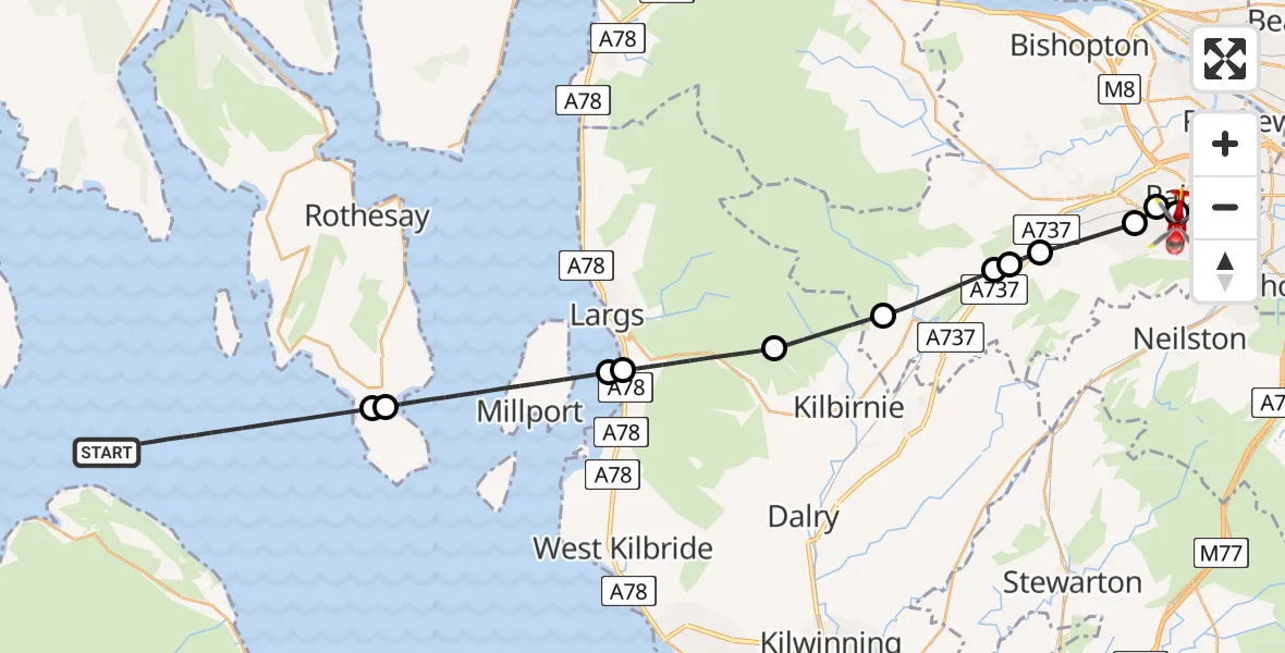 Flight route map: Air Ambulance Helicopter to Royal Alexandria Hospital Paisley, Royal Alexandria Hospital Paisley
