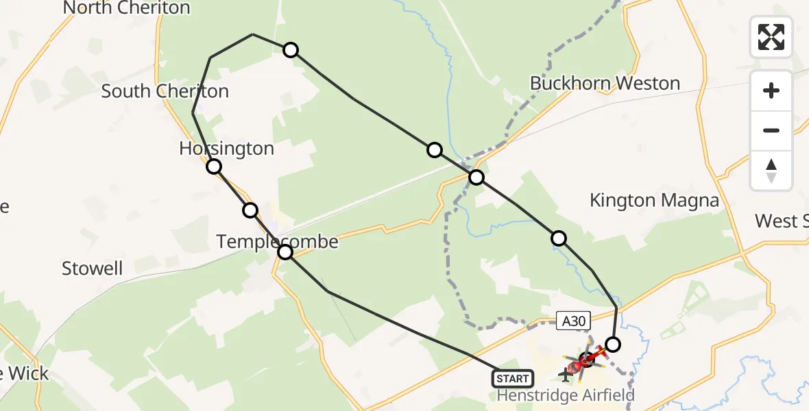 Flight route map: Air Ambulance Helicopter to Henstridge Airfield, Henstridge Airfield