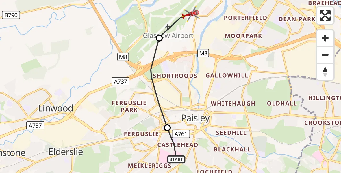 Flight route map: Air Ambulance Helicopter to Glasgow Airport, Glasgow Airport