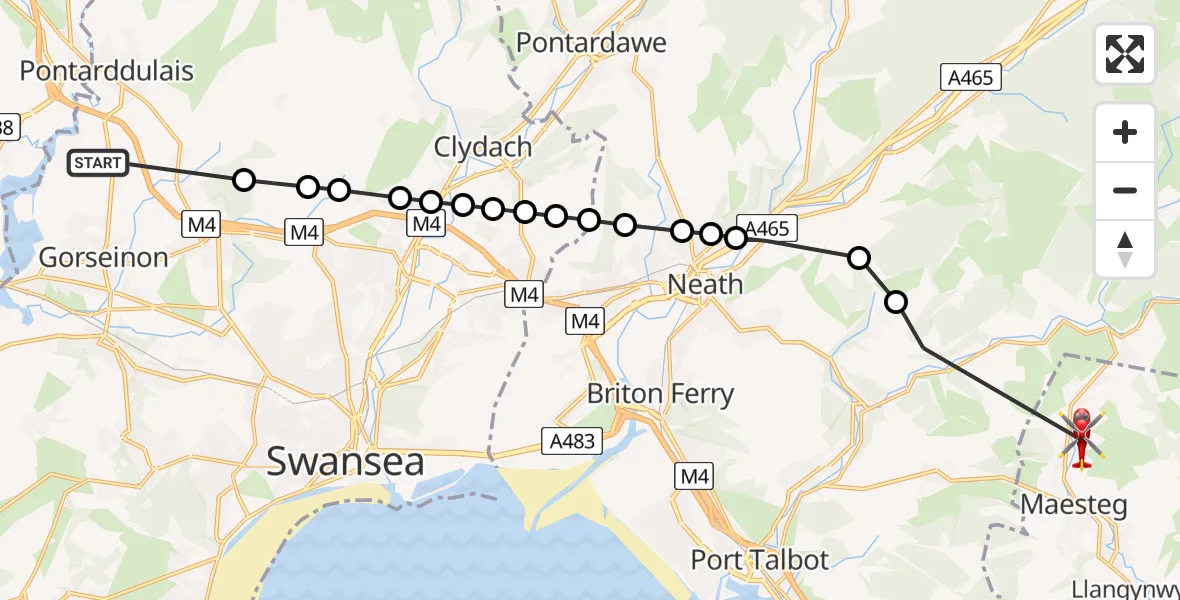Flight route map: Air Ambulance Helicopter to Nantyffyllon, North's Navigation Railway