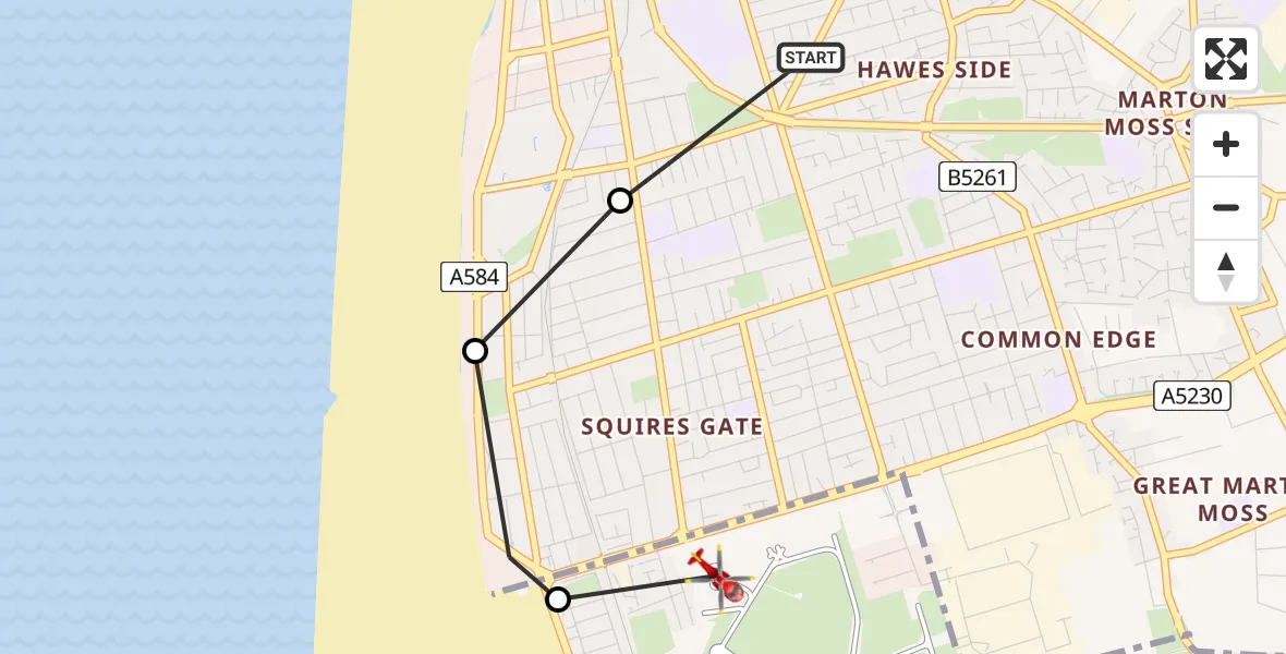 Flight route map: Air Ambulance Helicopter to Blackpool Airport, Blackpool Airport