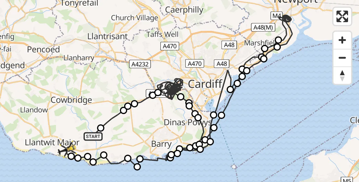 Flight route map: Police Helicopter to Boverton, Mill Lane