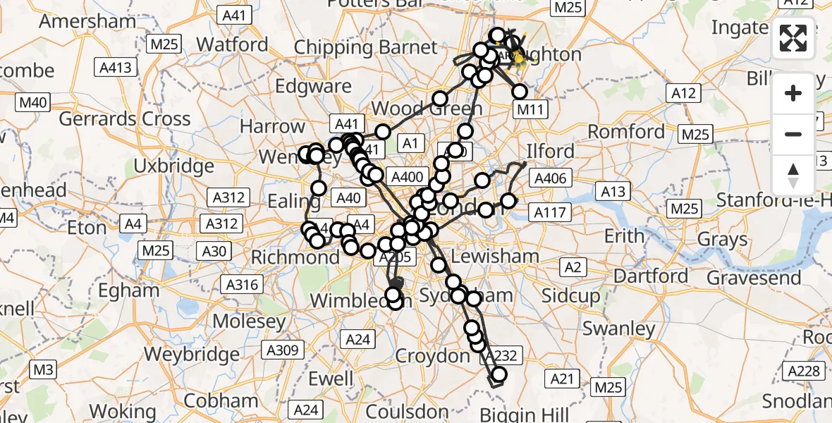 Flight route map: Police Helicopter to Sewardstonebury, Lippitts Hill