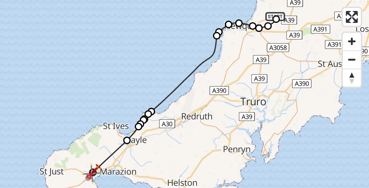 Routekaart van de vlucht: Air Ambulance Helicopter to Heamoor, A30