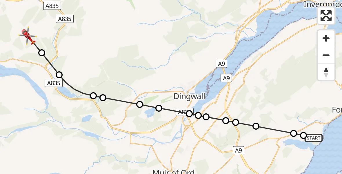 Flight route map: Air Ambulance Helicopter to Little Garve, Inverness