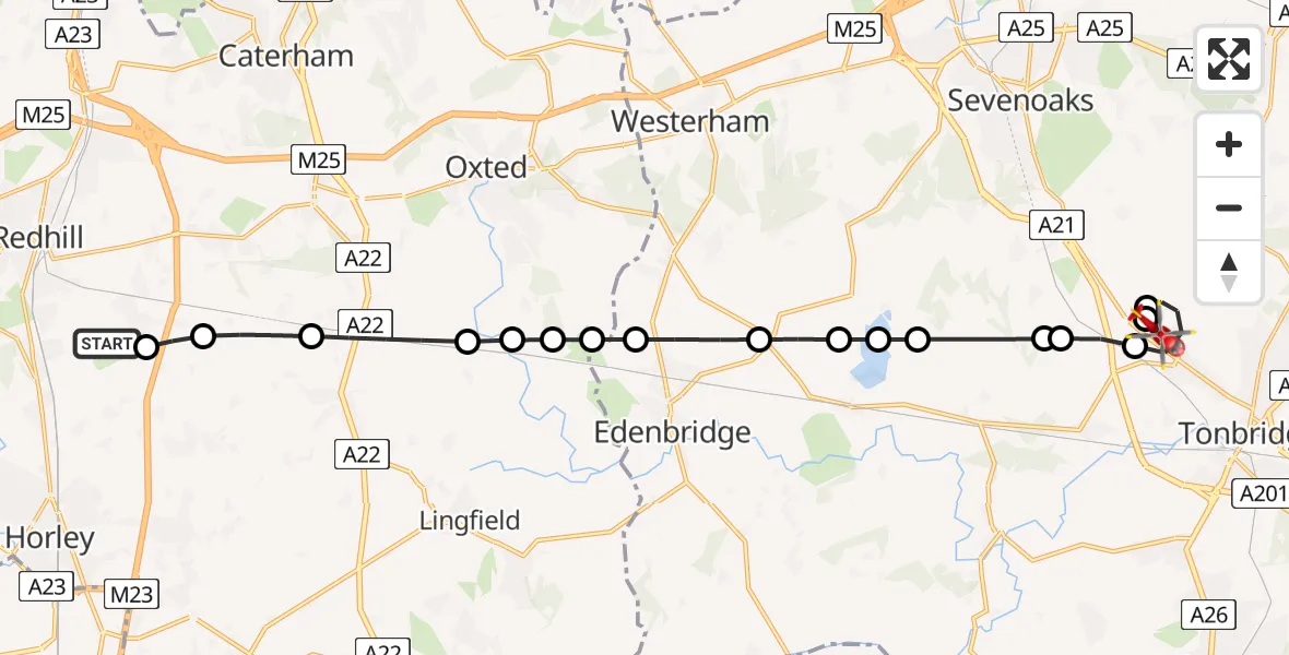 Flight route map: Air Ambulance Helicopter to Hildenborough, Riding Lane