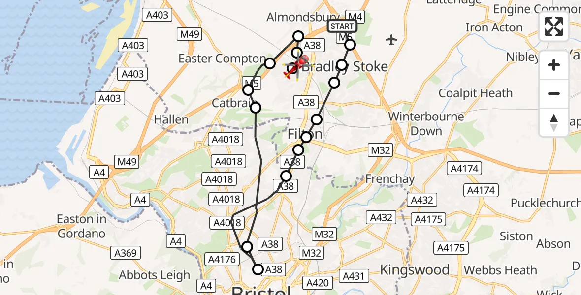 Flight route map: Air Ambulance Helicopter to Patchway, Coniston Road