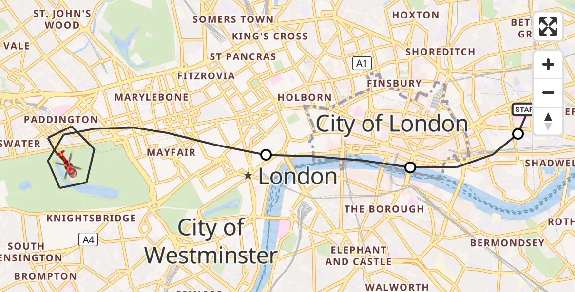 Flight route map: Air Ambulance Helicopter to City of Westminster, West Carriage Drive