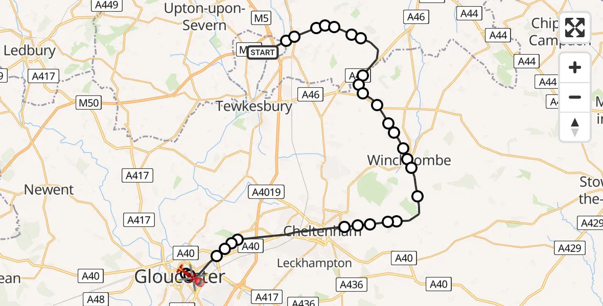 Flight route map: Air Ambulance Helicopter to Gloucester, Gloucester Royal Hospital