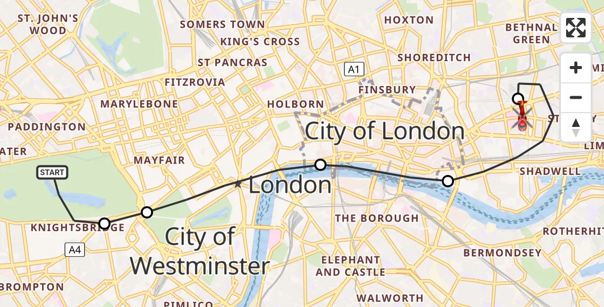 Flight route map: Air Ambulance Helicopter to Royal London Hospital, Royal London Hospital