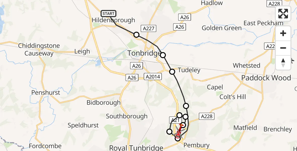 Routekaart van de vlucht: Air Ambulance Helicopter to Tunbridge Wells Hospital Heliport, Tunbridge Wells Hospital Heliport