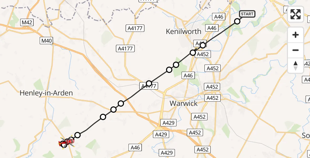 Flight route map: Air Ambulance Helicopter to Wootton Wawen CP, Salters Lane