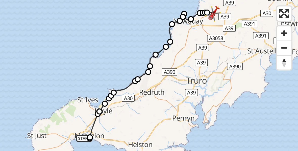 Routekaart van de vlucht: Air Ambulance Helicopter to Cornwall Airport Newquay, Cornwall Airport Newquay