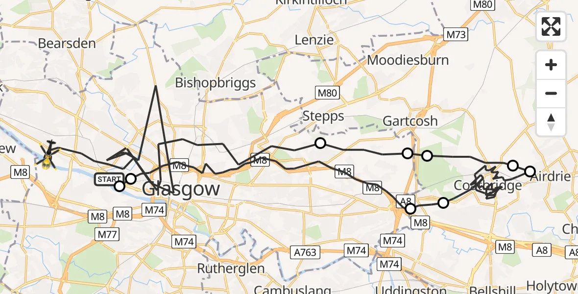 Flight path map showing Police Helicopter route from Glasgow to Glasgow