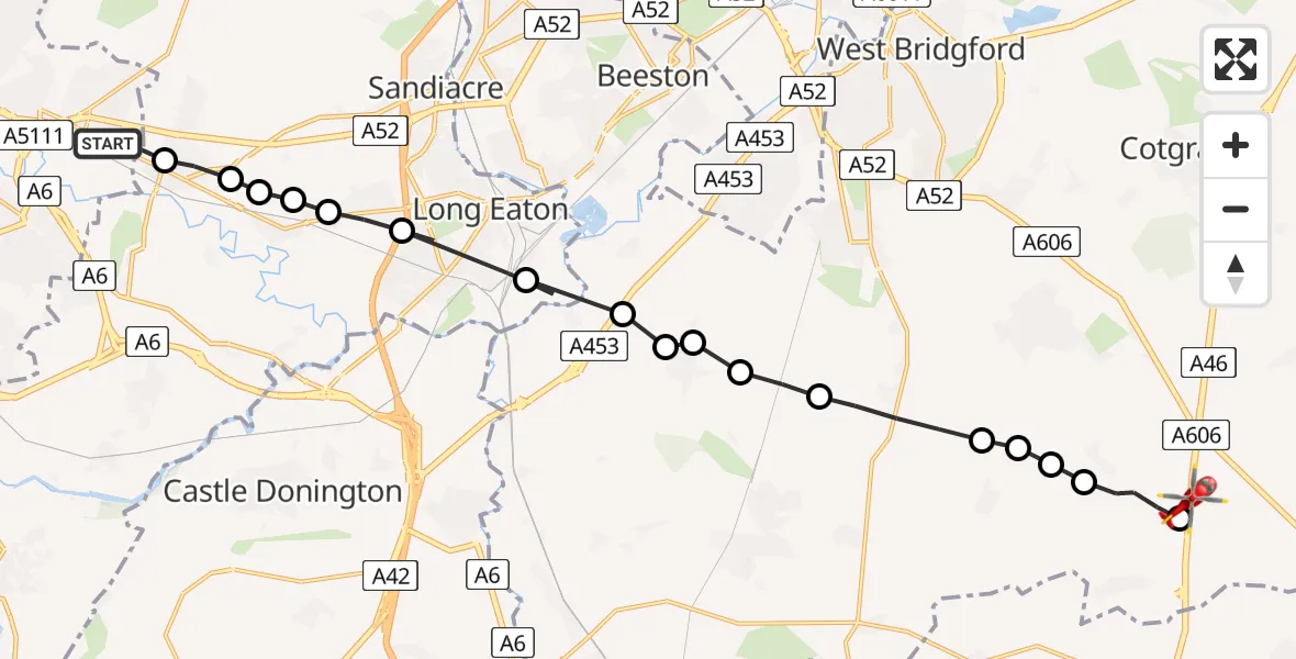 Routekaart van de vlucht: Air Ambulance Helicopter to Nottingham Heliport, Nottingham Heliport
