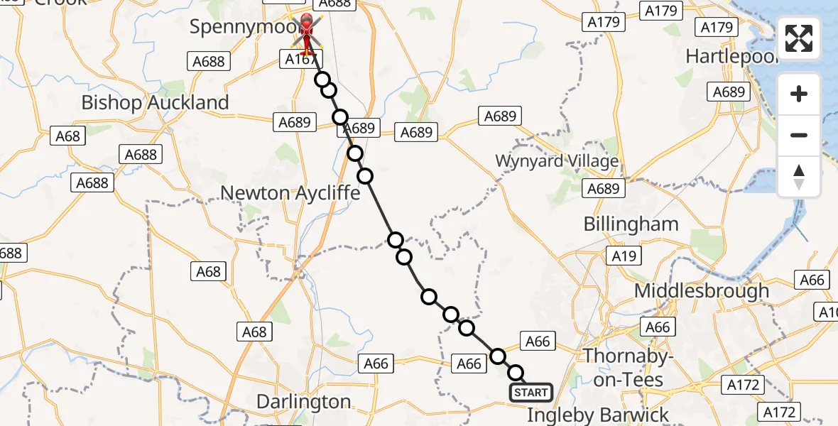 Routekaart van de vlucht: Air Ambulance Helicopter to Ferryhill, Hallgarth Terrace