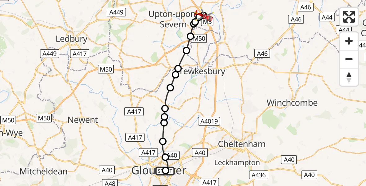 Flight route map: Air Ambulance Helicopter to Kinnersley, M5