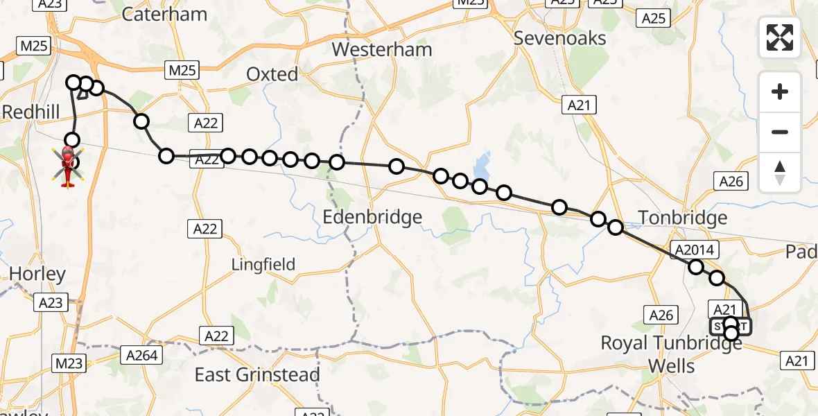 Flight route map: Air Ambulance Helicopter to Redhill Aerodrome, Redhill Aerodrome