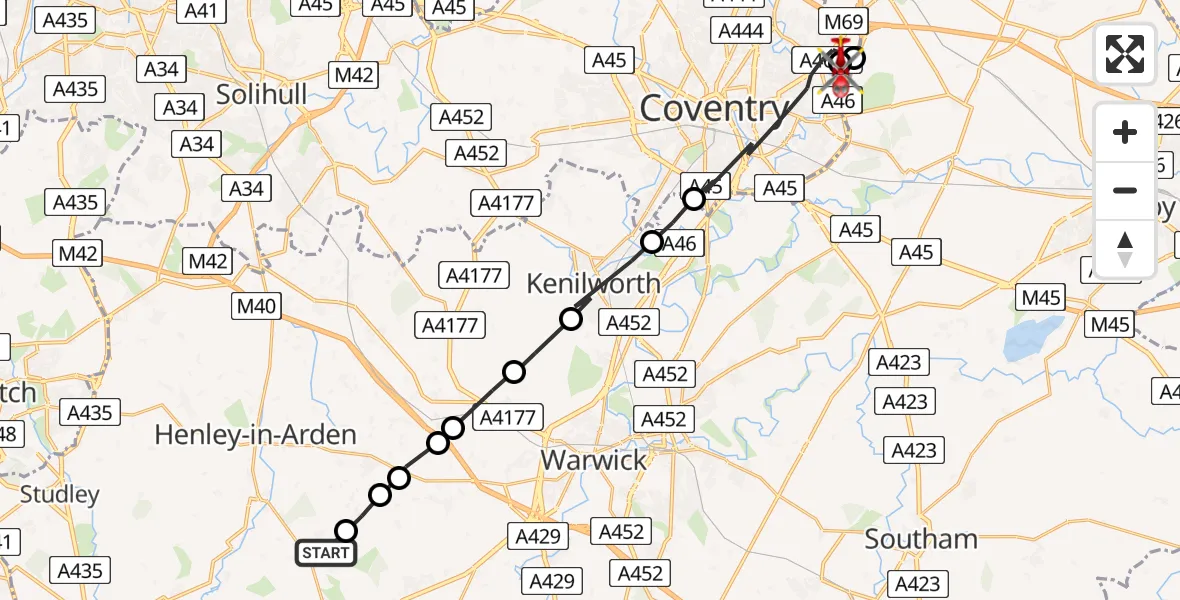 Routekaart van de vlucht: Air Ambulance Helicopter to University Hospital Coventry, University Hospital Coventry