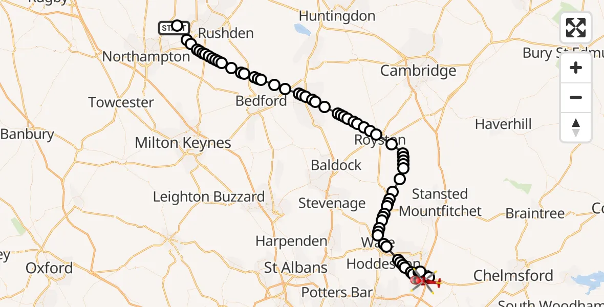 Flight route map: Air Ambulance Helicopter to North Weald Airfield, North Weald Airfield